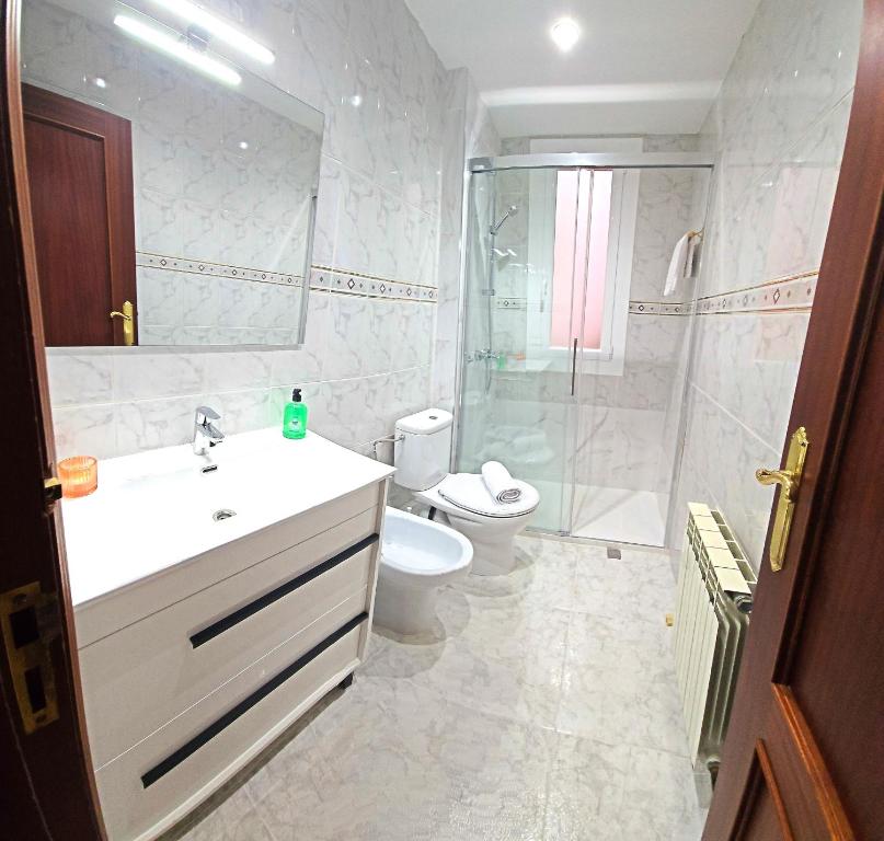 a bathroom with a toilet and a sink and a shower at Apartamento Logroño Ayuntamiento, centrico in Logroño