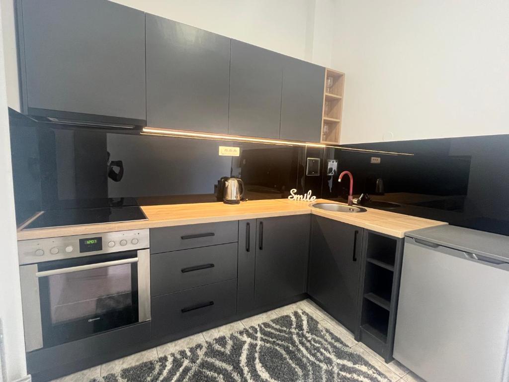 a kitchen with gray cabinets and a sink at Cute and Cozy in Pale