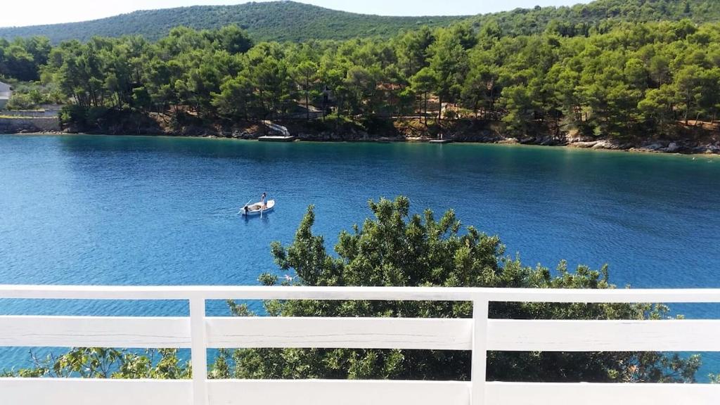 a boat in the middle of a lake at Holiday House Jagoda -First Row to the Sea Brbinj in Brbinj