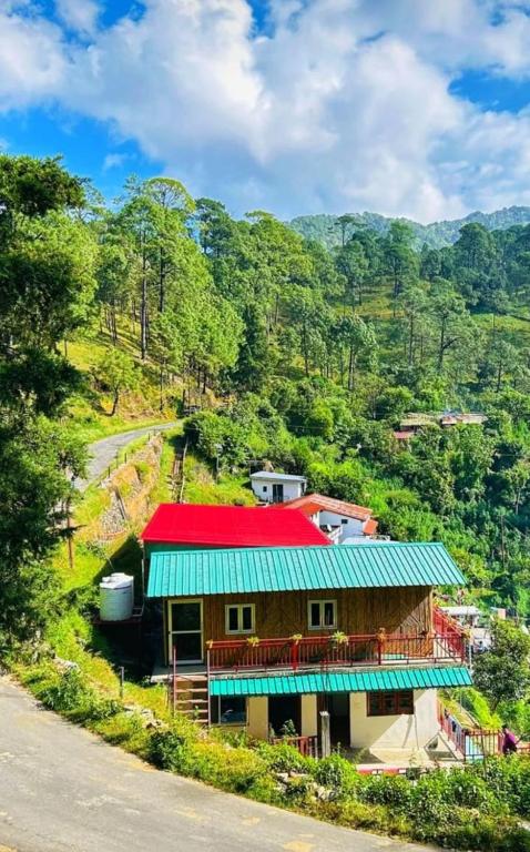a house with a red roof next to a road at El Pino De Ringlana in Lansdowne