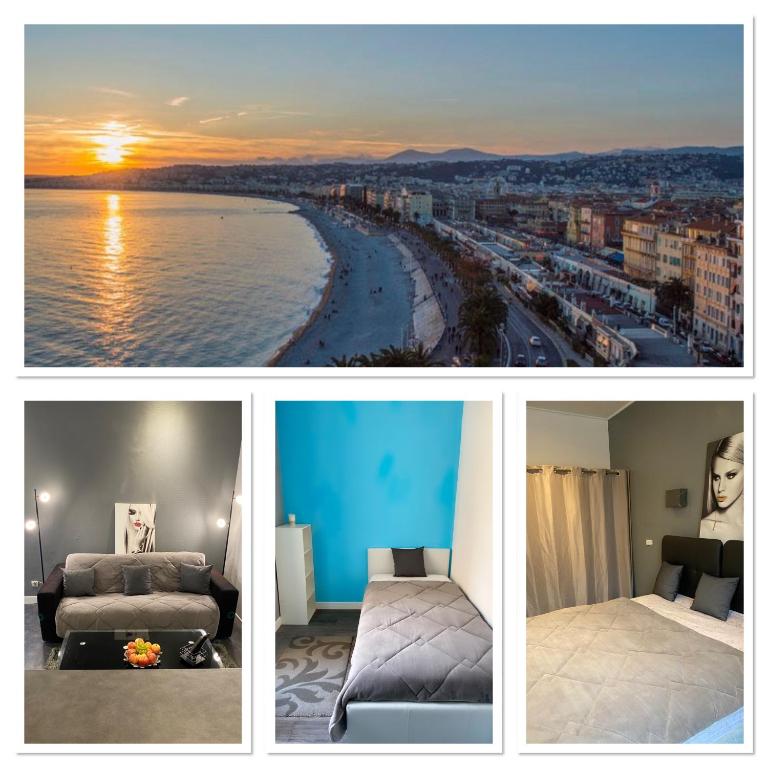 un collage de quatre photos d'une chambre d'hôtel dans l'établissement Appartement t3 centre ville de Nice, à Nice