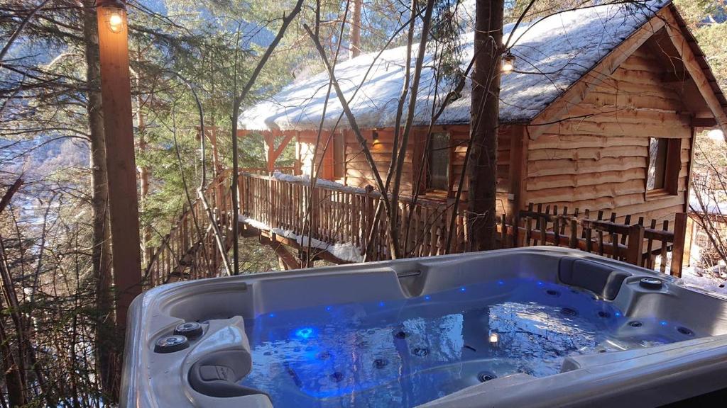 un jacuzzi en face d'une cabane en rondins dans l'établissement Cabanes des Pins Sylvestres Gélas, à Saint-Martin-Vésubie