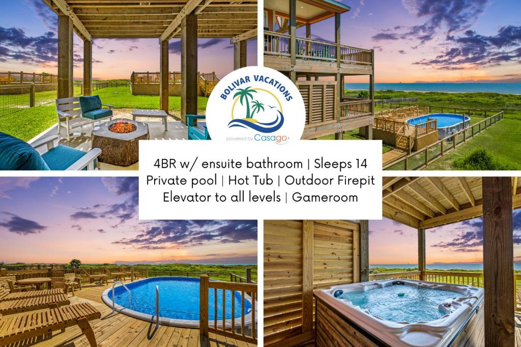 a collage of photos of a house with a hot tub at Wayward Sun Luxury 4BR Gulf Retreat w Pool, Hot Tub & Elevator in Port Bolivar