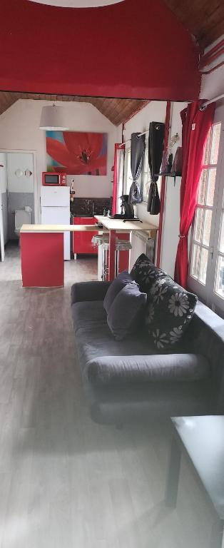 een woonkamer met een zwarte bank in een keuken bij Le coquelicot in Maimbeville