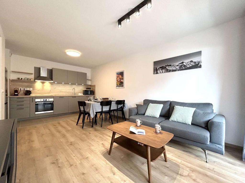 un salon avec un canapé et une table dans l'établissement Appartement 3 pièces, 2 chambres, balcon, vue Briançon, WiFi gratuit - FR-1-330C-150, à Briançon
