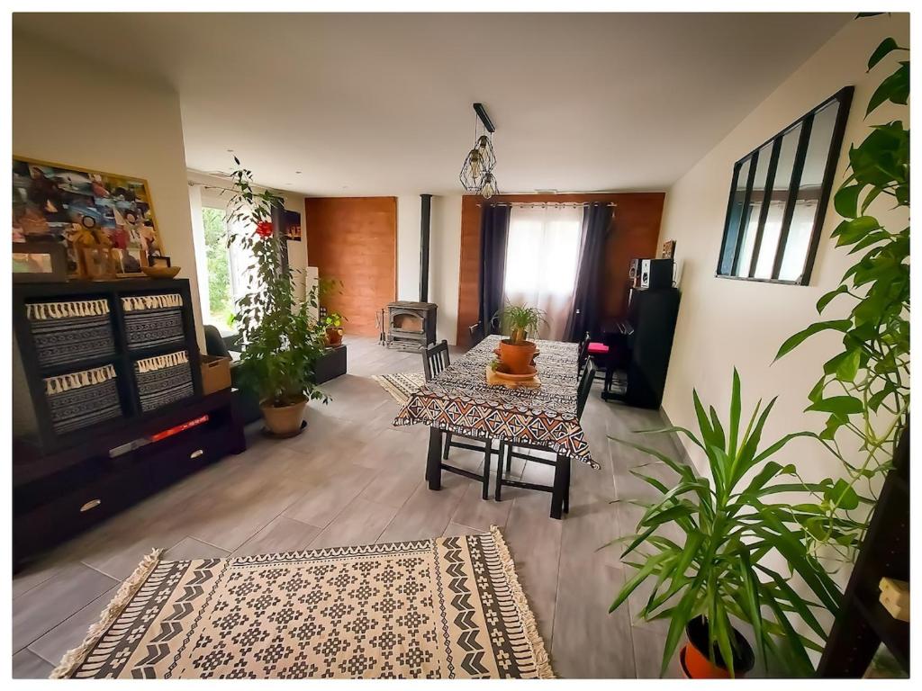 un salon avec une table et des plantes dans l'établissement Charmante maison, à Paulhan