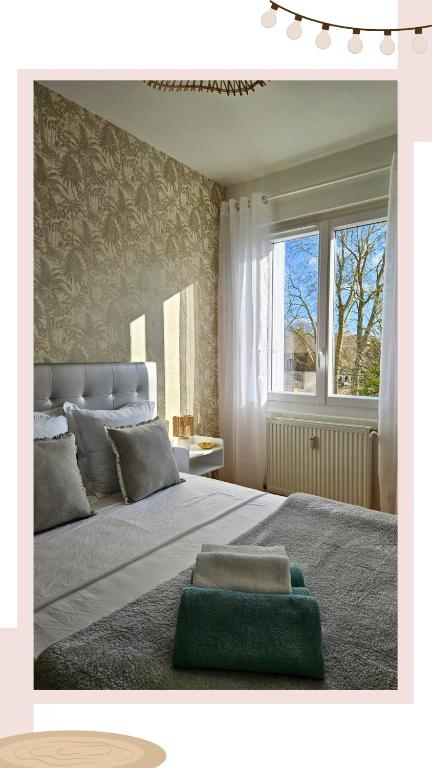 une chambre avec un grand lit et une fenêtre dans l'établissement Appartement Cosy Vue sur Rivière !, à Bourges