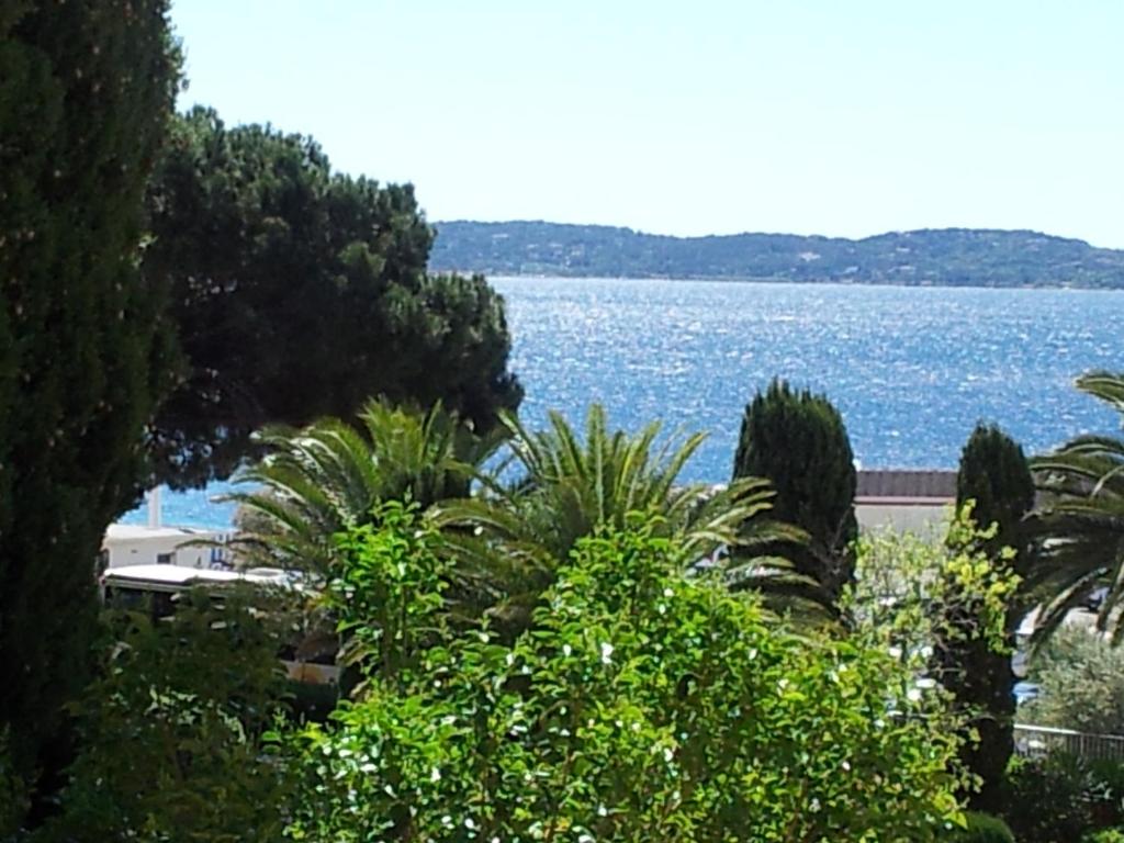 - une vue sur une grande étendue d'eau avec des arbres dans l'établissement Didalie locations cigale, à Sainte-Maxime