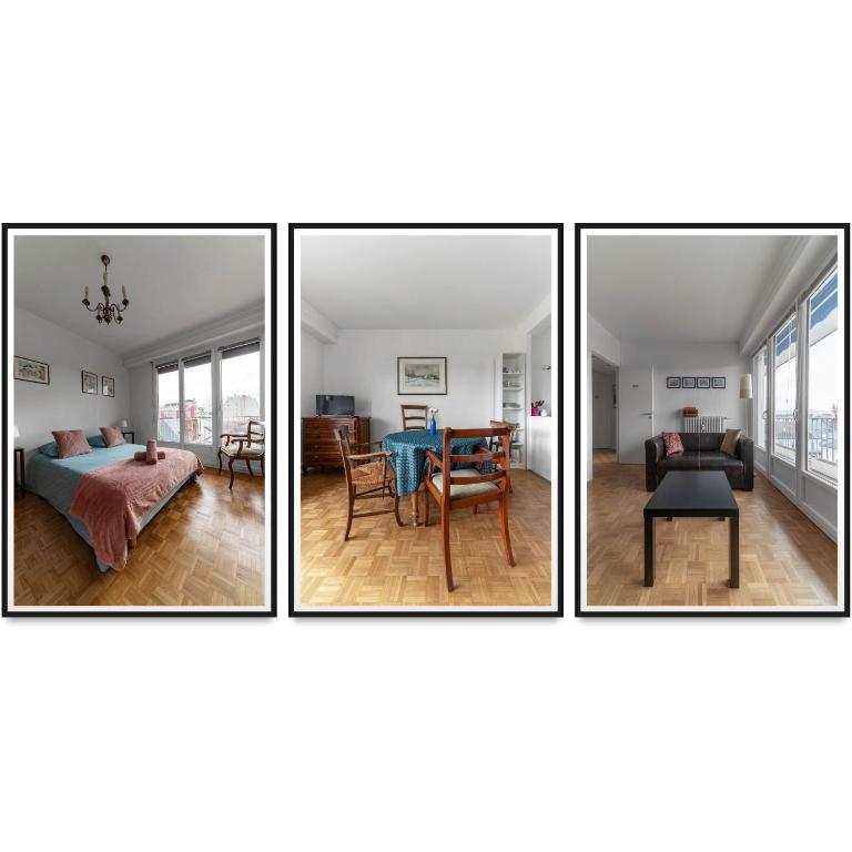 4 images d'une chambre avec un lit et une table dans l'établissement Le Roosevelt - Appartement confort hyper centre - Idéal Curiste, à Vichy