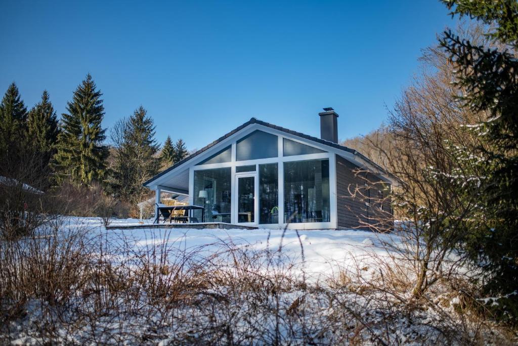a house with large glass doors in the snow at 2 Personen mit Sauna F3H5 in Ruhla
