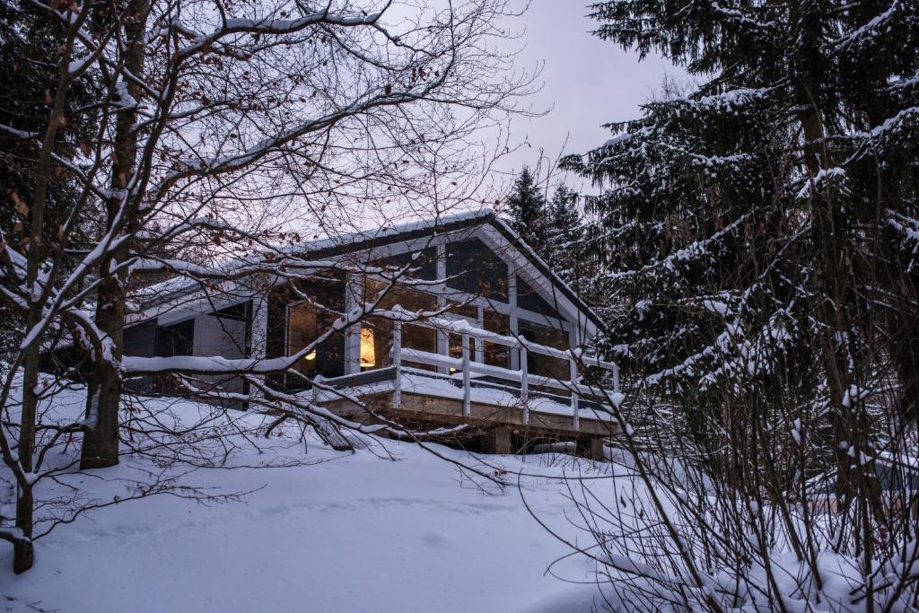 a house with a porch in the snow at 4 Personen mit Sauna F2H6 in Ruhla