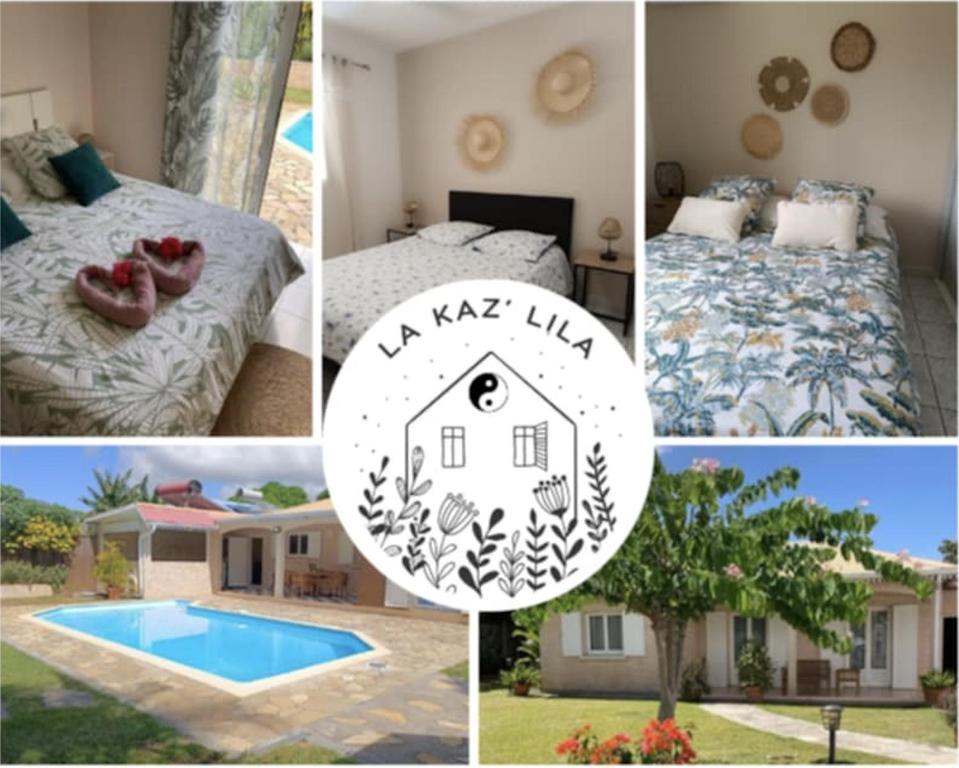 a collage of pictures of a bedroom and a house at La Kaz' Lila - Villa avec piscine - Jardin 1000m2 in Saint-Louis