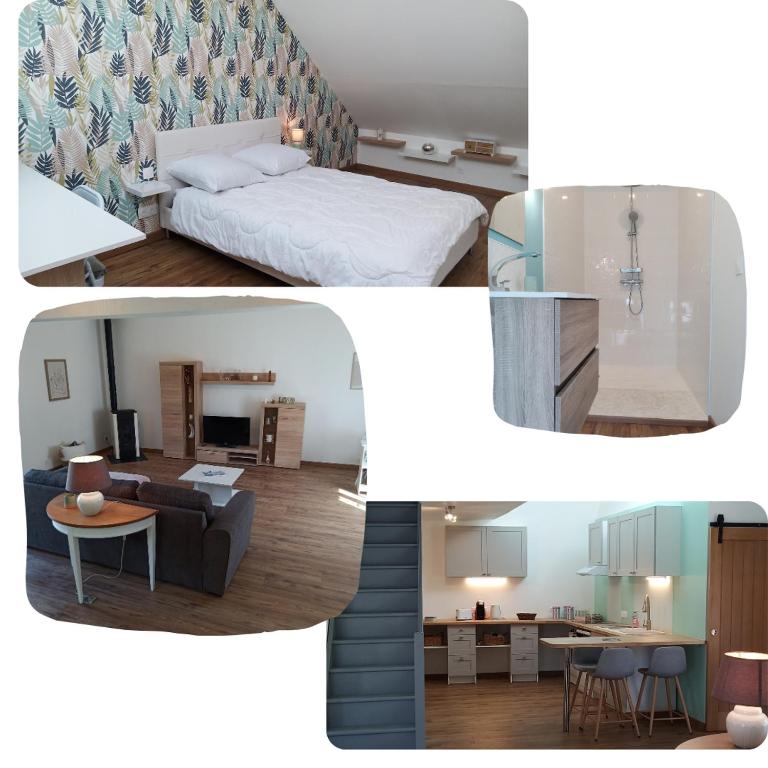 un collage de photos d'une chambre et d'un salon dans l'établissement Maison spacieuse, élégante et moderne, à Mer