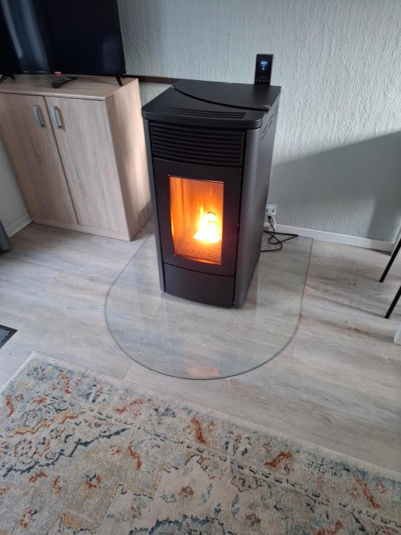 a fireplace in the middle of a room at Hochwald chalet in Bad Sachsa