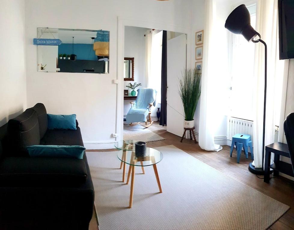 un salon avec un canapé et une table dans l'établissement Saint Malo Intra-muros Appart T2, all on foot!, à Saint-Malo