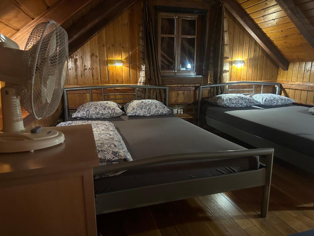 a bedroom with two beds in a cabin at Cottage Plavi Lav Potok in Potok