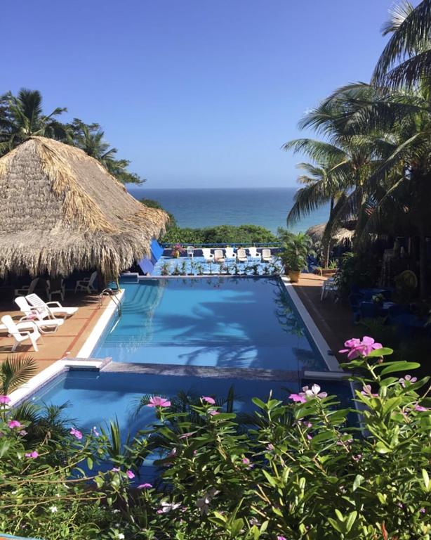 une piscine avec des chaises et l'océan en arrière-plan dans l'établissement Rancho de Chana Perla Salina, à Flandes
