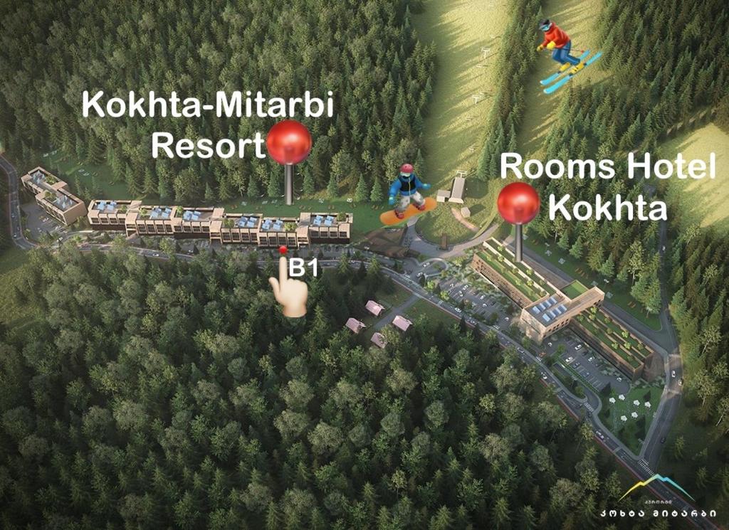 a map of a train station with a train track and trees at Bakuriani Kohta-Mitarbi Cozy studio B1 in Bakuriani