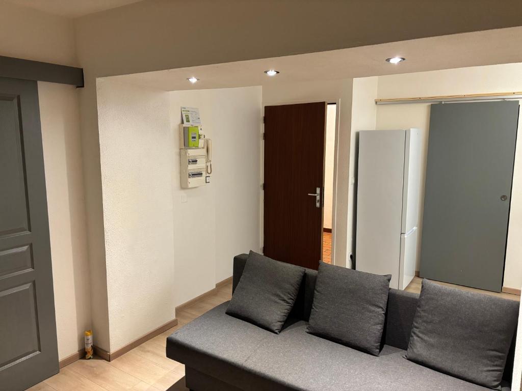 - un salon avec un canapé et un réfrigérateur dans l'établissement Terrasse 3, à Nancray