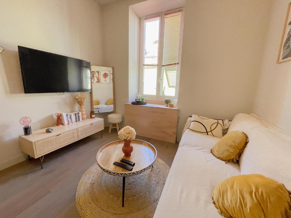 un salon avec un canapé et une table dans l'établissement Appartement cozy au coeur de Nice, à Nice