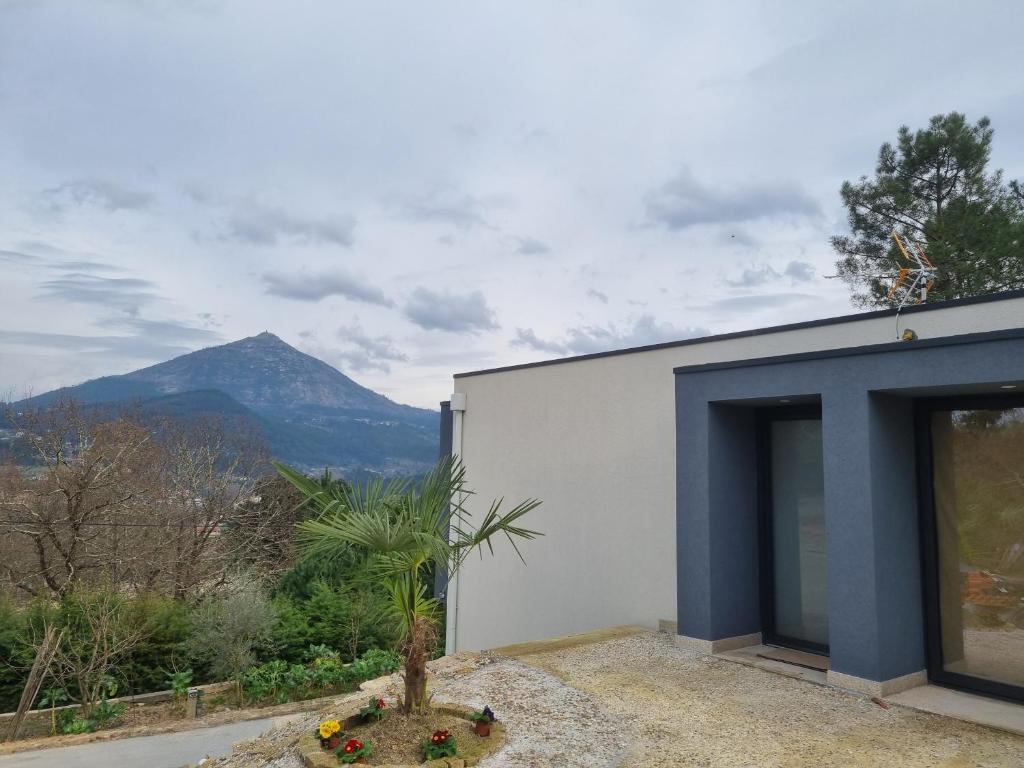 a building with a palm tree in front of a mountain at Felicidade in Mondim de Basto