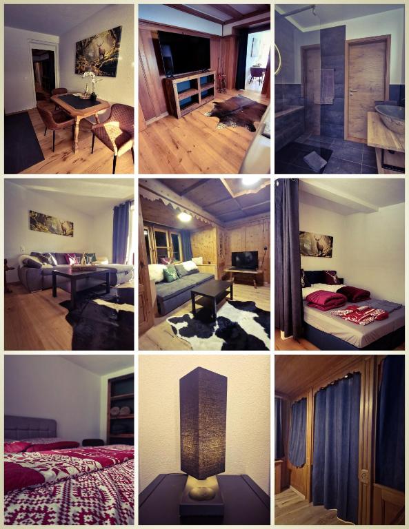 a collage of photos of a hotel room at FeWo's und Apartment's Blaues Haus in Davos
