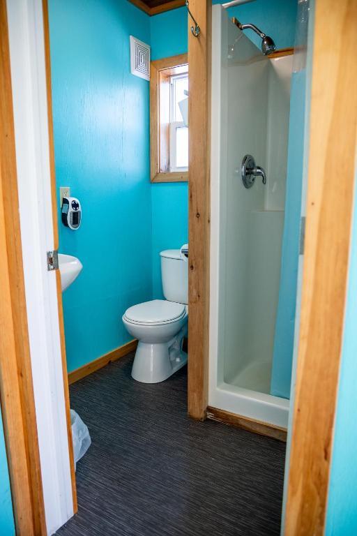 a blue bathroom with a toilet and a shower at The Zzzz Moose Camping Cabins in Birch Plain
