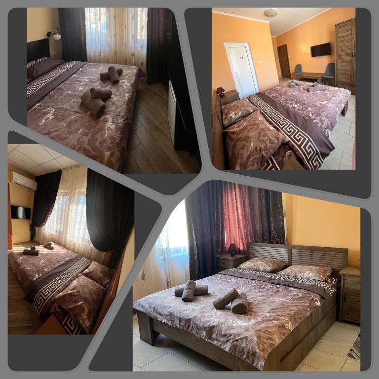 a collage of four pictures of a bedroom with two beds at Guesthouse Zornitsa in Hisarya