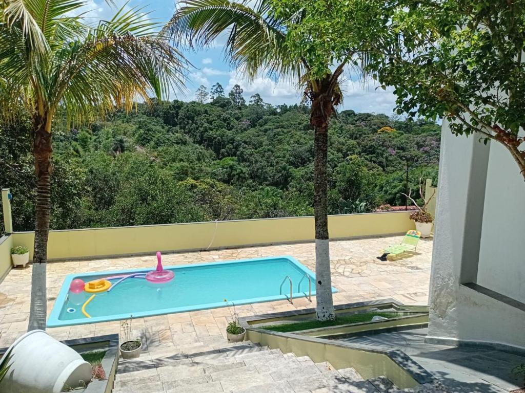 a swimming pool with palm trees in a backyard at Chacara porta do mundo in Suzano