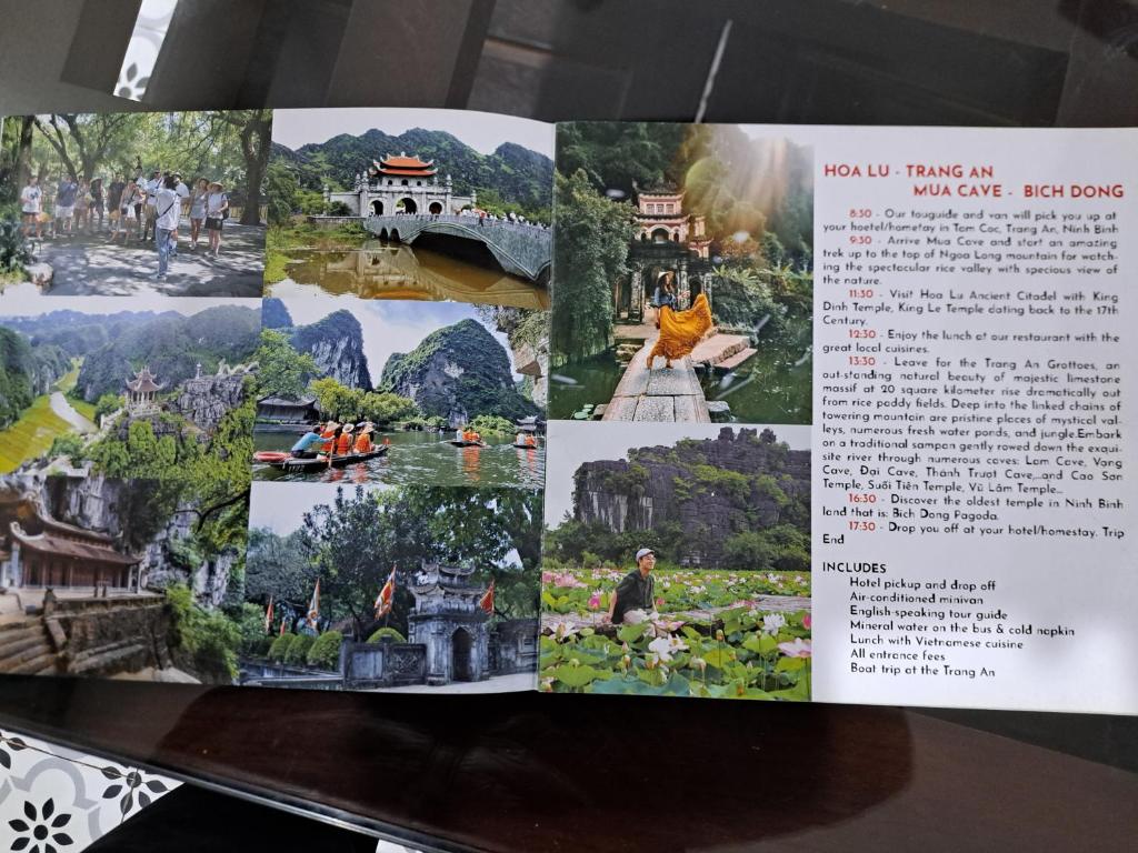 a page of a book with pictures of different places at Tam Coc Paradise Homestay in Ninh Binh