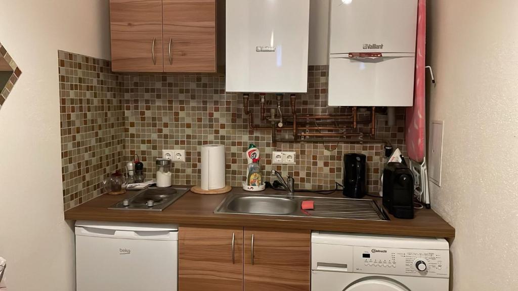 małą kuchnię ze zlewem i zmywarką do naczyń w obiekcie Elisabeth Hostel w Wiedniu