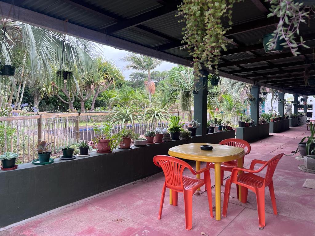 een tafel en stoelen op een patio met potplanten bij Rondebosch Gardens in Humansdorp