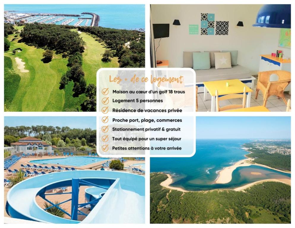 eine Collage mit Fotos eines Resorts mit einer Collage von Fotos in der Unterkunft "ENTRE GREENS ET VAGUES" Maison de vacances, cœur d'un golf, résidence privée, accès piscines gratuit in Talmont