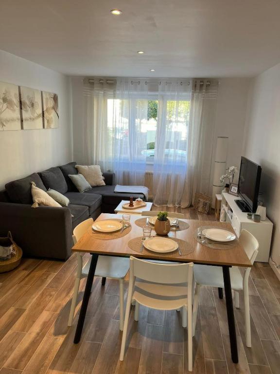 a living room with a table and a couch at Appartement Cosy Mulhouse in Mulhouse