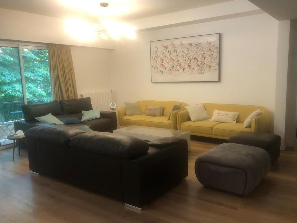 un salon avec deux canapés et un canapé dans l'établissement Appartement 220m2 15P avec Sauna, hyper center Luchon, à Luchon