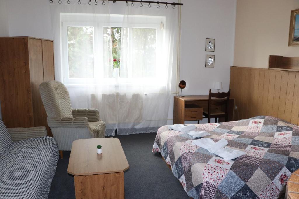 a hotel room with a bed and a window at Penzion Bezděkov in Rakovník