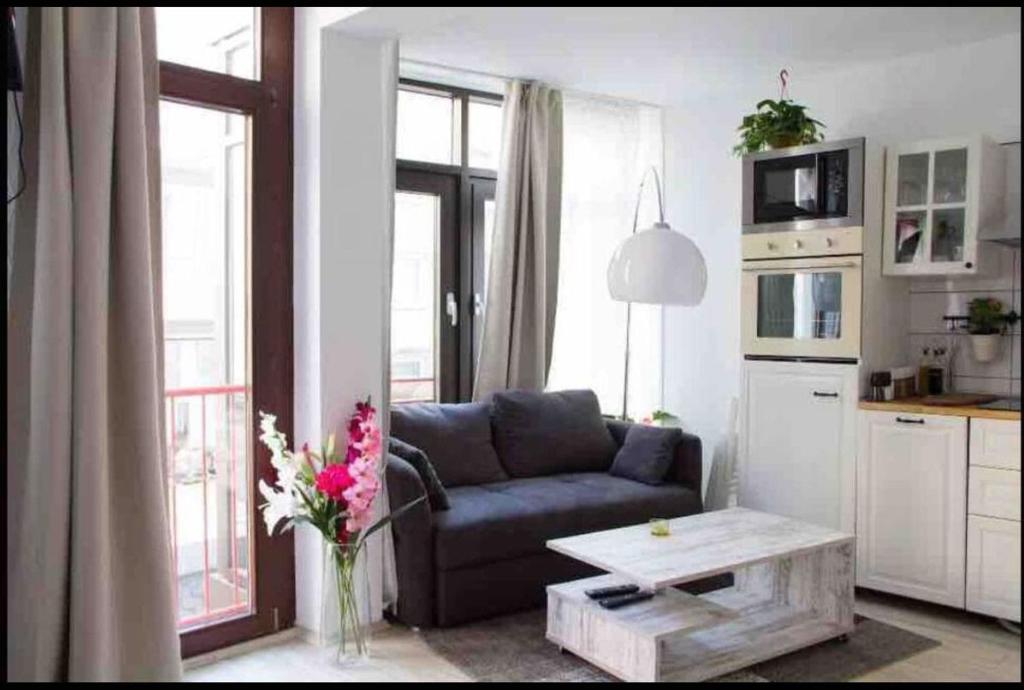a living room with a couch and a coffee table at Köln Altstadt Charmantes Studio in Cologne