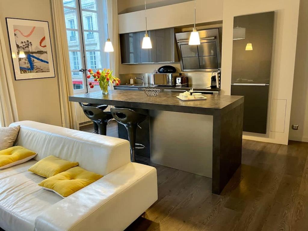 un salon avec un canapé et une cuisine dans l'établissement Magnifique appartement Bordeaux Triangle, à Bordeaux