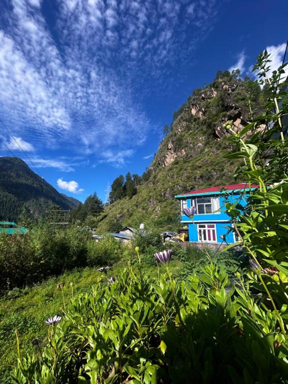 ein blaues Haus an einem Berghang in der Unterkunft FORMOSA Cafe Hostel KASOL GOA in Kasol