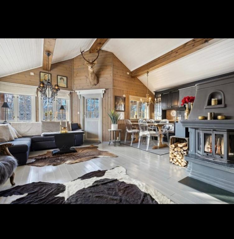 a living room with a couch and a fireplace at Bjorli Mountain Cabin in Bjorli