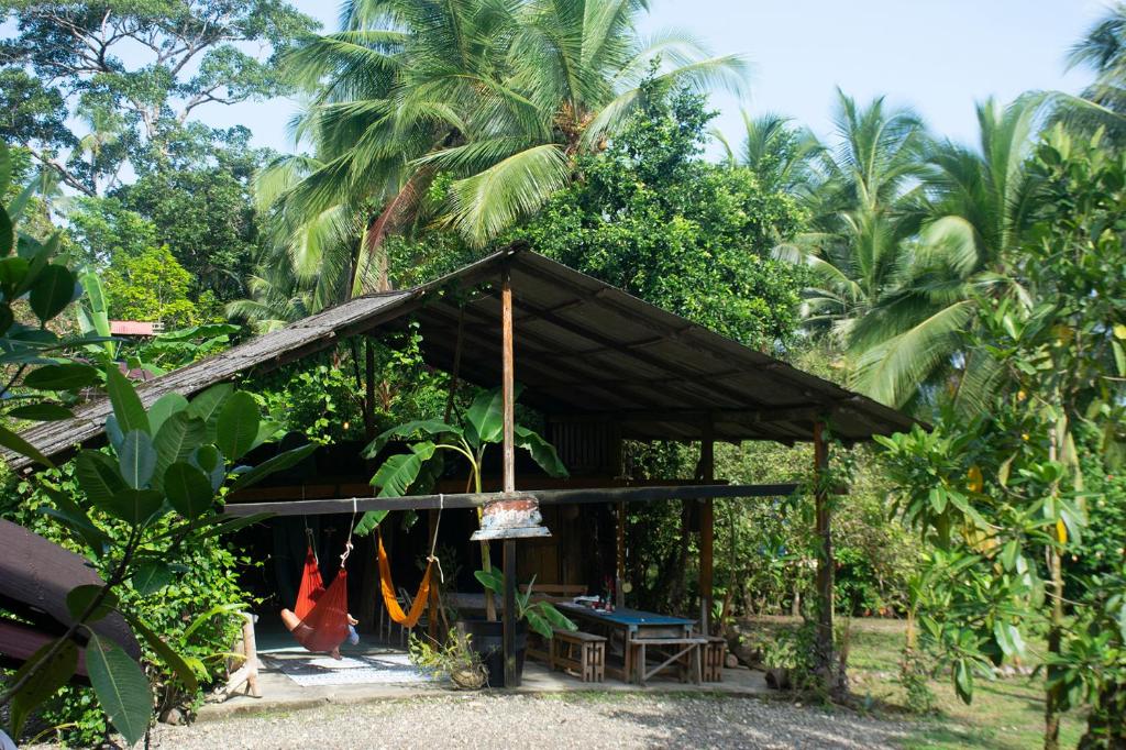 a building with a canopy in front of some palm trees at Casa Cielito in Nuquí