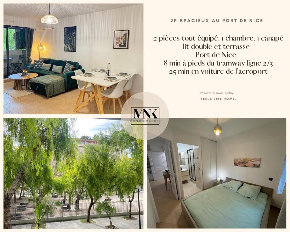 Spacieux 2 pieces au Port de Nice في نيس: ملصق بثلاث صور لغرفة معيشة