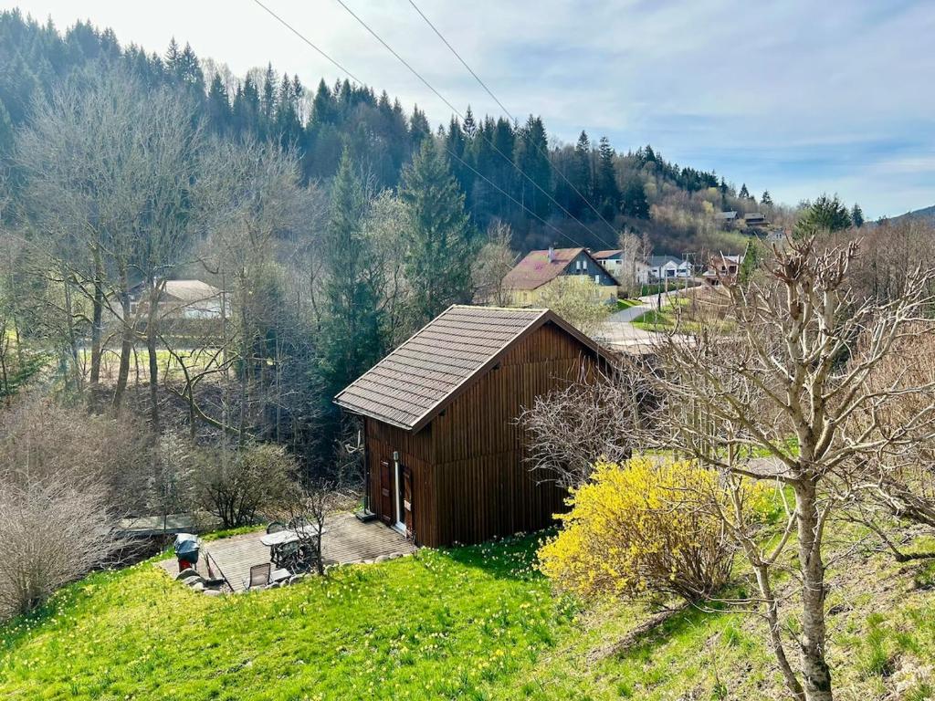 un petit bâtiment en bois sur une colline avec des arbres dans l'établissement Pré Ferry - gîte au coeur de la nature, à Gérardmer