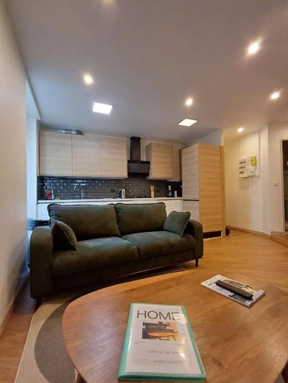 un salon avec un canapé vert et une table dans l'établissement Apt Moderne 2 chambres 5 voyageurs Paris, à Paris