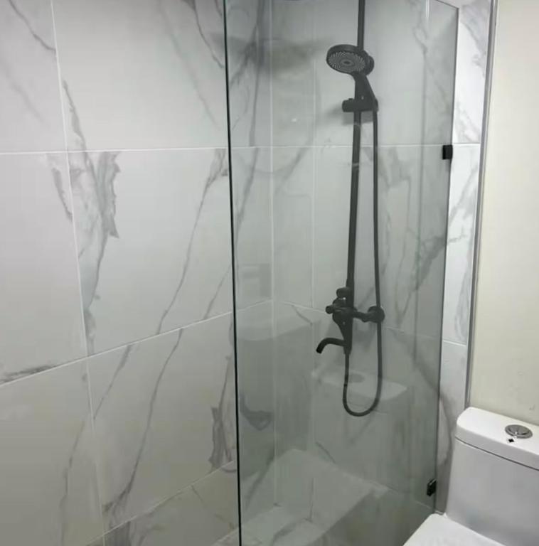 ducha con puerta de cristal junto a un aseo en Solano Apartamentos, en Boca Chica