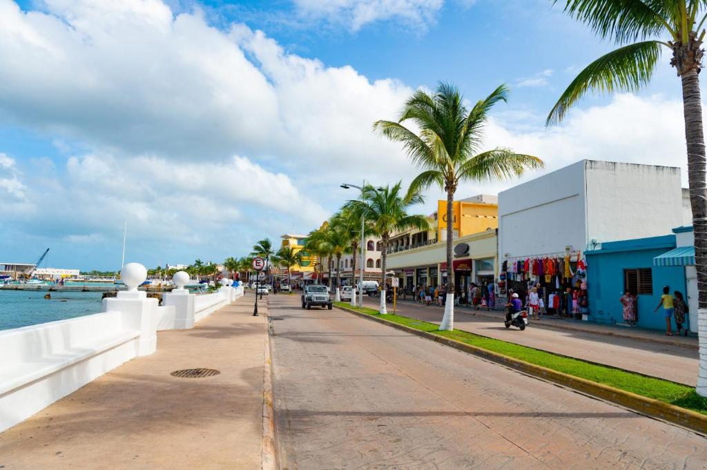 a street in front of the ocean with palm trees at condo in Cozumel