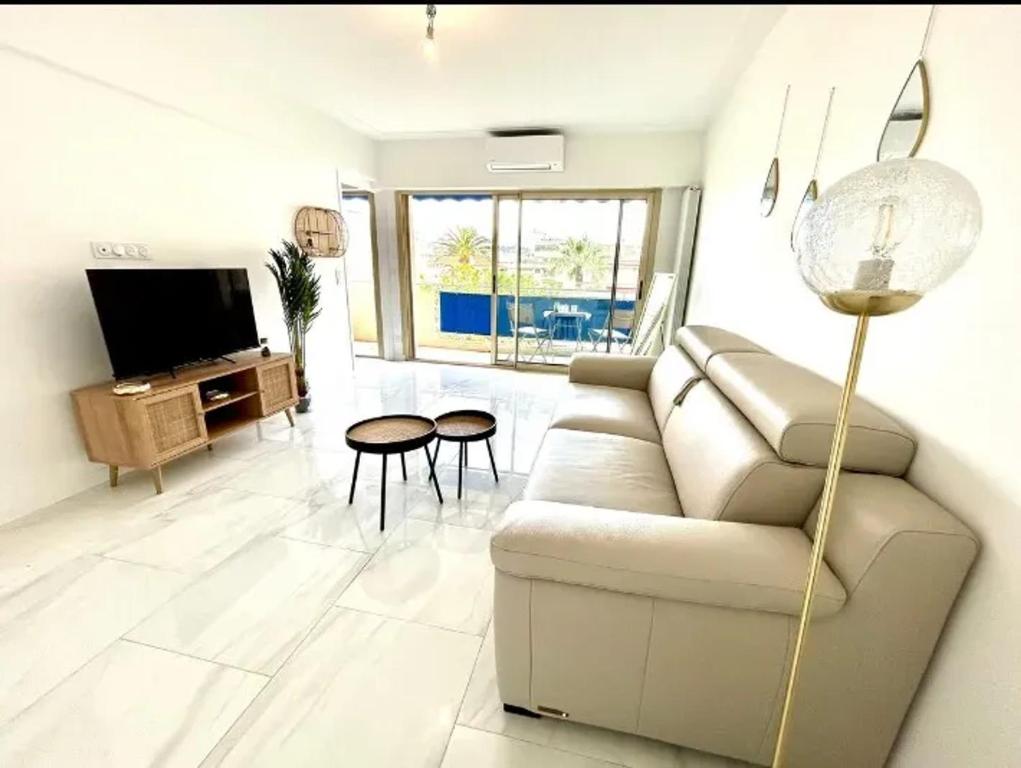 un salon avec un canapé et une télévision dans l'établissement Studio moderne à Juan les Pins - 30 m² avec balcon, à Juan-les-Pins
