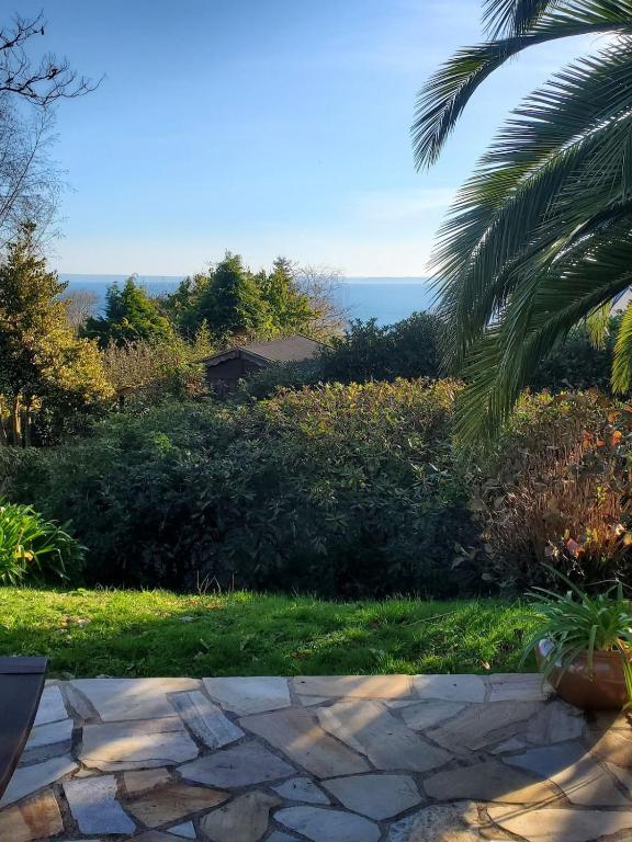 un jardin avec un palmier et une passerelle en pierre dans l'établissement Bellevue, à Crozon