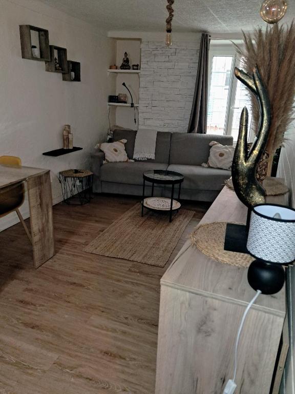 un salon avec un canapé et une table dans l'établissement appartement cosy situé à 2mn de la plage à pied climatise, à Villefranche-sur-Mer