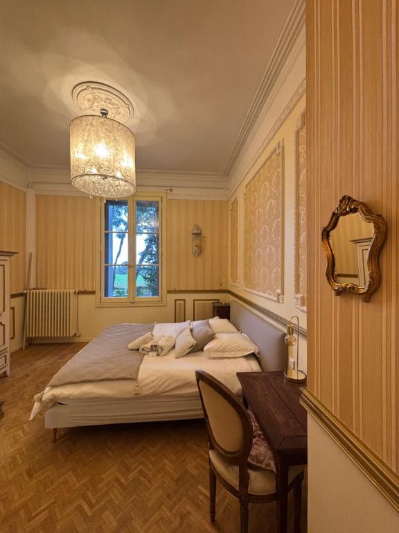 a bedroom with a bed and a table and a mirror at Château Sainte Colombe in Saint-Geniès-des-Mourgues